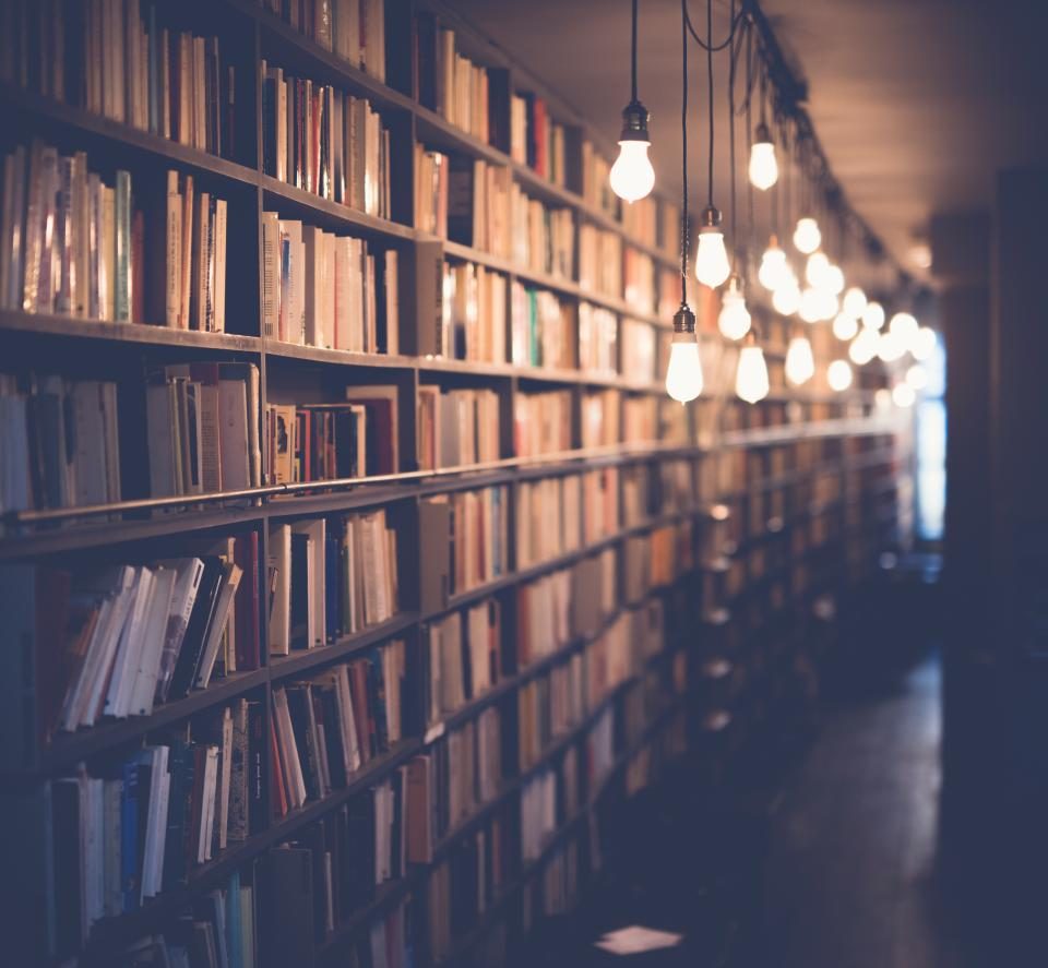 Long library bookshelves