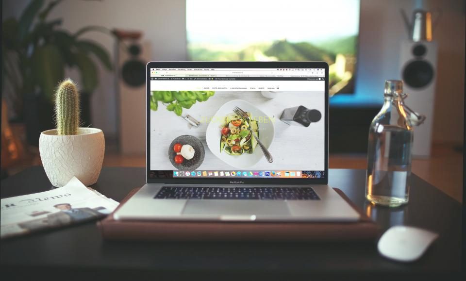Laptop beside a cactus on a desk