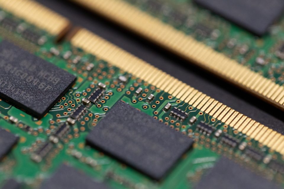 Computer memory chips on a circuit board