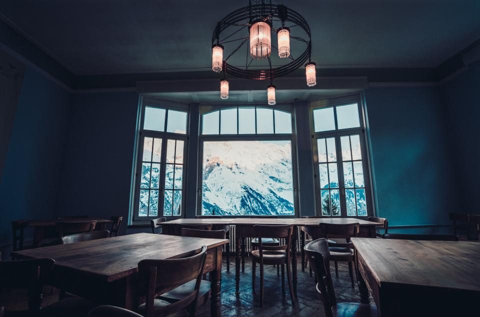 Empty meeting room with a large window