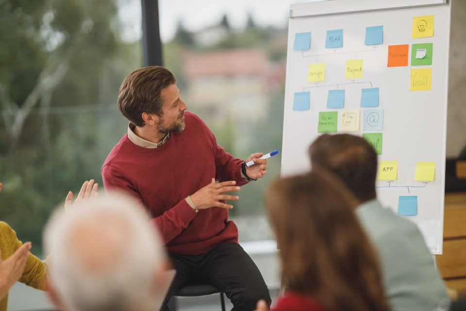 Man presenting at a board covered with sticky notes