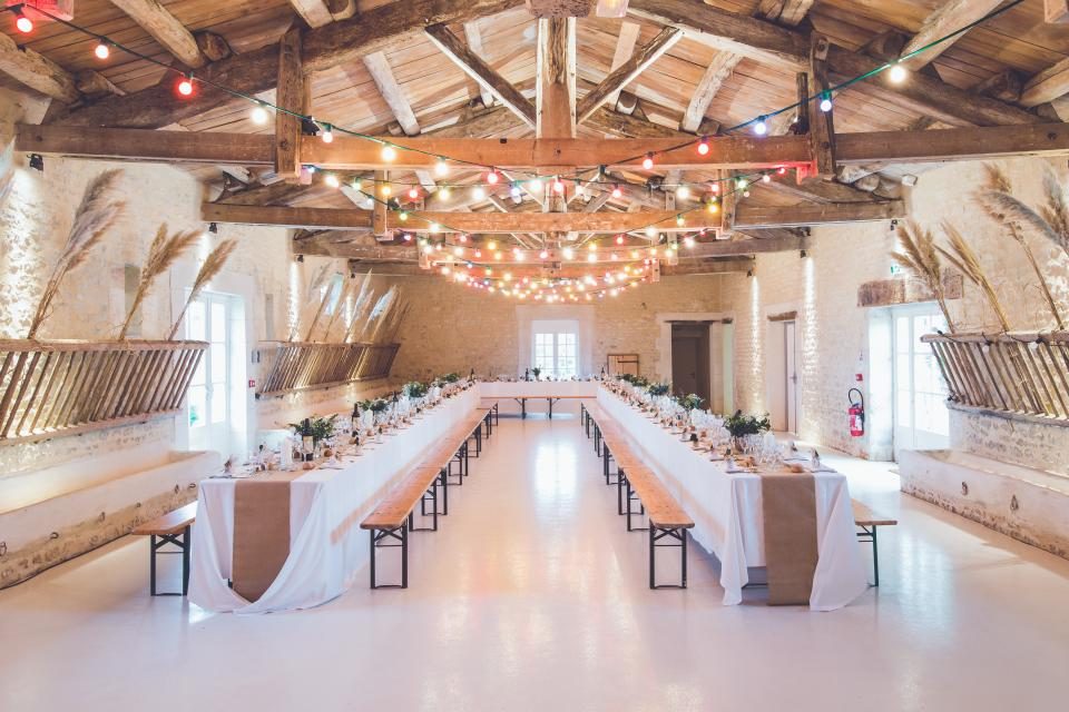 Event hall set with long tables under lights