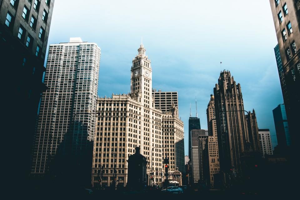 City towers seen from street level